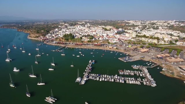 Aerial view, above the town of Alvor, the harbor.