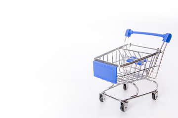 Blue Shopping cart or supermarket cart on white background with copy space