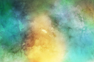 Colorful watercolor ombre leaks and splashes texture on white watercolor paper background. Natural organic shapes and design. © artistmef