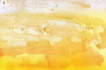 Colorful watercolor ombre leaks and splashes texture on white watercolor paper background. Natural organic shapes and design.