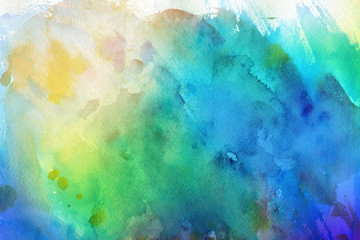 Obraz na płótnie Canvas Colorful watercolor ombre leaks and splashes texture on white watercolor paper background. Natural organic shapes and design.