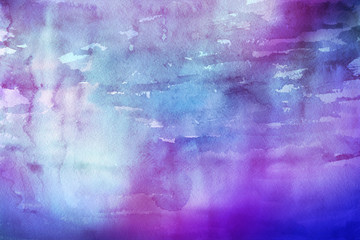 Colorful watercolor ombre leaks and splashes texture on white watercolor paper background. Natural organic shapes and design.