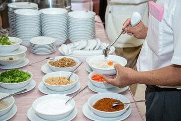 Food Buffet Catering Dining Eating Party Sharing Concept.people group catering buffet food indoor in luxury restaurant with meat colorful fruits and vegetables