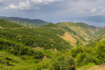 Obraz premium Scenic landscape view in Albanian mountain, Ohrid lake in the background.