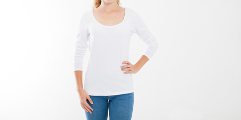 young caucasian, europian woman, girl in blank white t-shirt. t shirt design and people concept. Shirts front view isolated on white background. Mock up. Copy space.