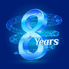 8 years shine anniversary 3d logo celebration with glittering spiral star dust trail sparkling particles. Eight years anniversary modern design elements. Vector Illustration.