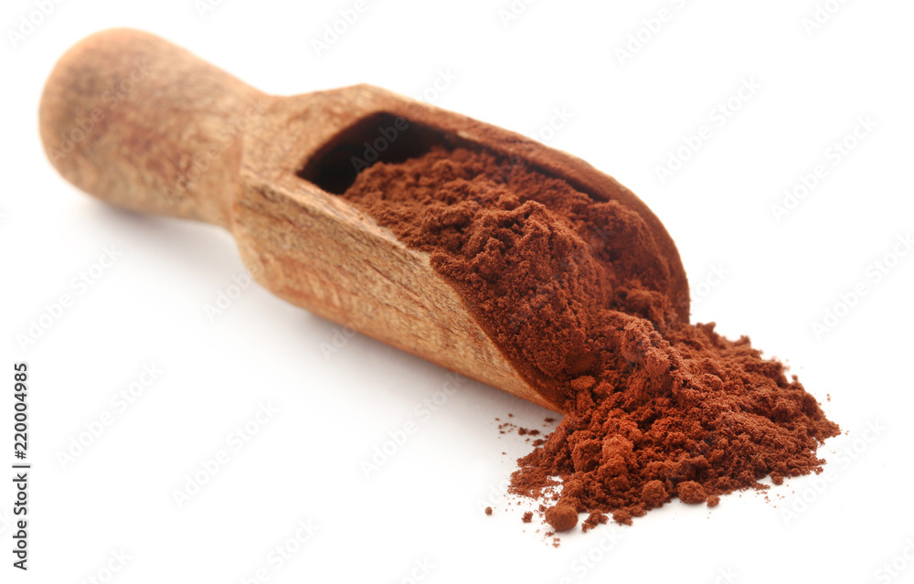 Poster cacao powder over white background