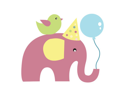 greeting elephant pink with bird on back, vector