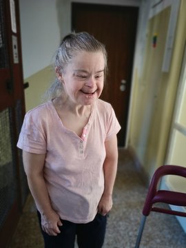 portrait of old woman with down syndrome