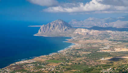 Fototapeta na wymiar Panoramic view of Mount Cofano and coastline from Erice, province of Trapani, Sicily.