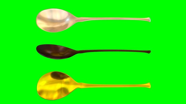 Animated rotating around x axis simple shining gold, silver and bronze spoons against green background 2. Full 360 degree spin, loop able and isolated.
