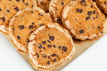 Group of Fresh baked oatmeal cookies with chocolate chip . homemade cookies