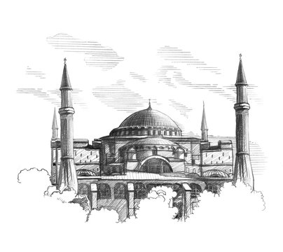 Нand draw sketch Hagia Sophia (Ayasofya) in Istanbul. Turkey.