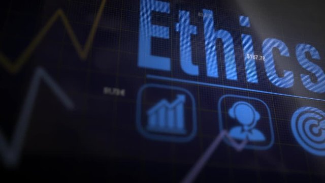 A Ethics business concept on a flashing computer monitor with moving graphs and data.