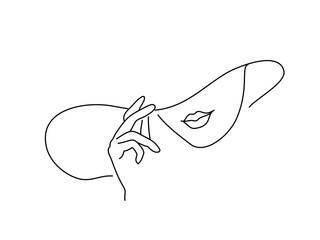 Line Drawing Art. Woman in hat with hand. Vector illustration. Concept for logo, card, banner, poster flyer