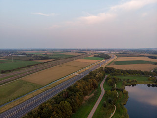 Aerial shot over a lake during sunset