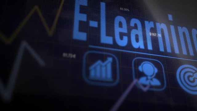 A E-Learning business concept on a flashing computer monitor with moving graphs and data.