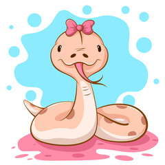 Cute, funny snake xharacters with pink bow. Vector eps 10.