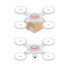 Delivery service sends boxes on drone, fast delivery of orders, round-the-clock work, courier bears the parcel. Quadcopter with action camera. Isometric vector illustration. 