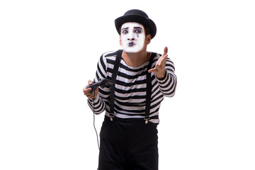 Mime with joystick isolated on white background 