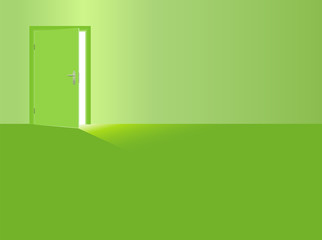 Green room with open door, sunlight coming in.