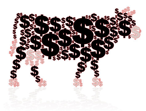 CASH COW, business metaphor, dollars that shape a cow. Isolated vector illustration on white background.