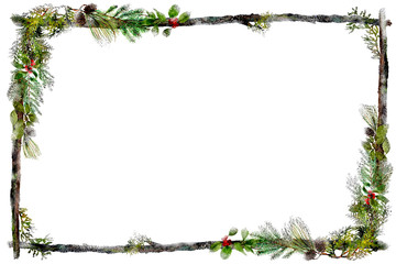 watercolor twig frame with holiday greens and red berries