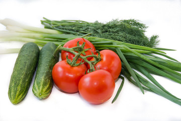 Tomatoes on a branch and cucumbers and greens isolated on white background. Vegetables on a white background. Food . Healthy eating.
