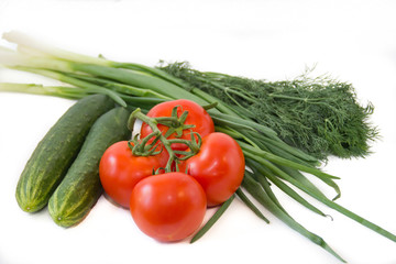 Tomatoes on a branch and cucumbers and greens isolated on white background. Vegetables on a white background. Food . Healthy eating.