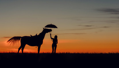 Fototapeta na wymiar Curious horse and girl with open umbrella on romantic sunset. Idyllic friendship scene with horse silhouette, horsemanship concept.
