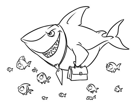 Predatory fish shark business competition superiority cartoon illustration isolated image coloring page
