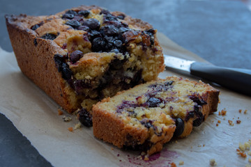Single slice of Blueberry Loaf Cake with Knife
