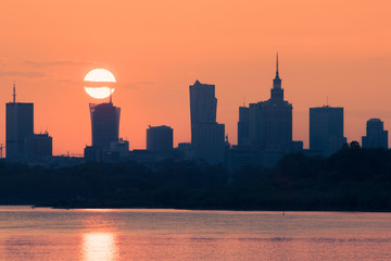 Sunset over Warsaw skyline 