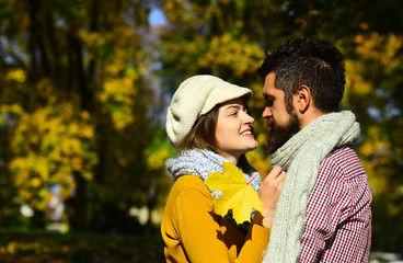 Couple in love with scarves holds yellow leaves.