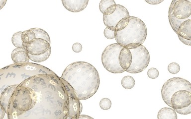 Bitcoin economic financial bubble. Cryptocurrency 3D illustration. Business concept. Golden bubbles on a white background