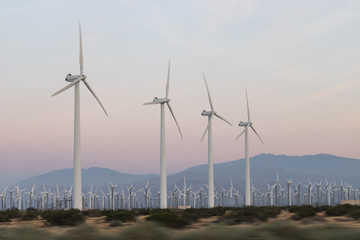 Rows of wind generators set against soft pink, orange sunset sky, mountains in background