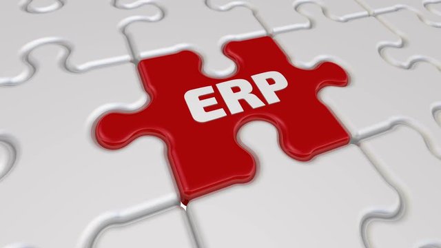 ERP. The inscription on the missing element of the puzzle. Folding white puzzles elements and one red with text ERP - Enterprise Resource Planning. Footage video