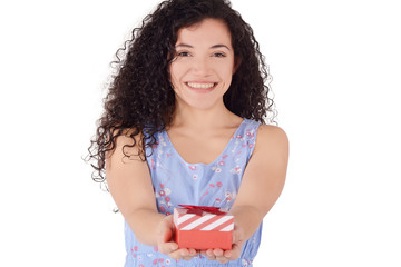 Latin woman giving red gift box