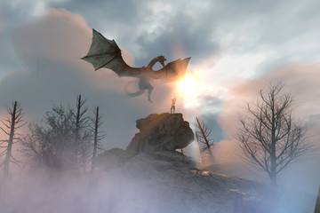 Fototapeta premium 3D ilustracja rycerza walczącego ze smokiem, smok kontra człowiek