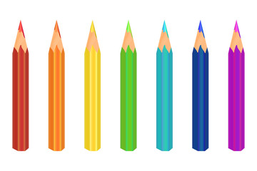 Multicolored pencils. Seven colors are red, orange, yellow, green, blue, blue, purple. Vector