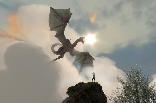 3D Illustration of a knight fighting dragon, dragon versus man