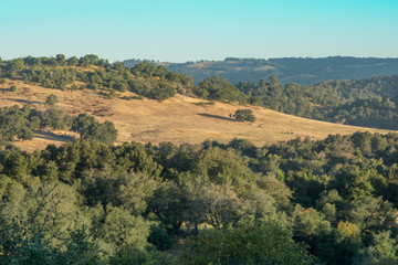 Early morning landscape in rural countryside, mountains and oak trees, blue sky