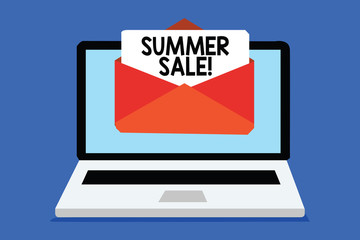 Word writing text Summer Sale. Business concept for Annual discount events that takes place during summer season Computer receiving email important message envelope with paper virtual