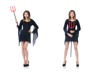 Woman devil with trident isolated on white