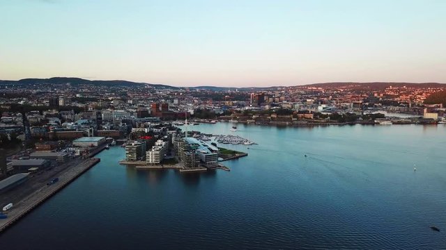 Night aerial view on Aker Brygge and Filipstad urban areas in Oslo, Norway