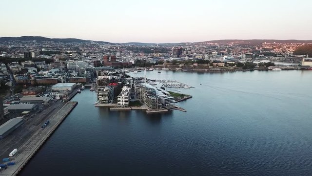 Night aerial view on Aker Brygge and Filipstad urban areas in Oslo, Norway