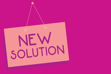 Text sign showing New Solution. Conceptual photo Modern Innovation Latest effective approach to a problem Pink board wall message communication open close sign purple background