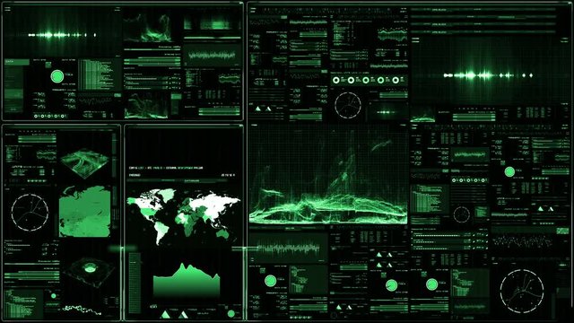 Futuristic digital interface screen. Streaming and flashing computer interface with map, satellite images and network status, levels and spectrum of signals, Extremely detailed. geopolitical situation