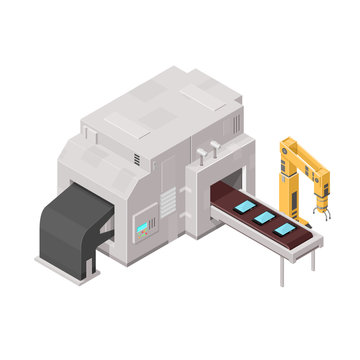 Isometric Factory Assembly Machine
Vector production line with robot arm.