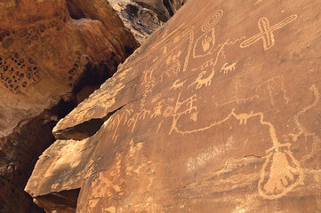 Atlatl Rock connects the past to the present with preserved Anasazi Native American petroglyphs in the Valley of Fire State Park, NV.
